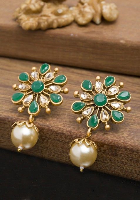 Gold Toned Floral Handcrafted Drop Earrings