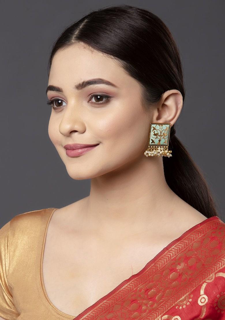 Gold Toned And Sea Green Contemporary Drop Earrings - Indya