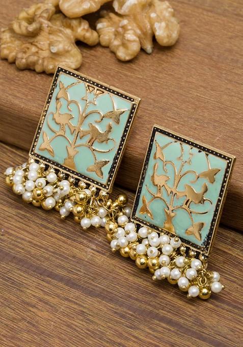 Gold Toned And Sea Green Contemporary Drop Earrings