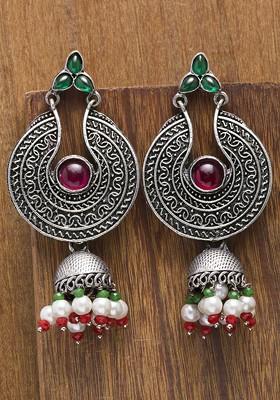 Silver Toned Stoned Studded Contemporary Drop Earrings