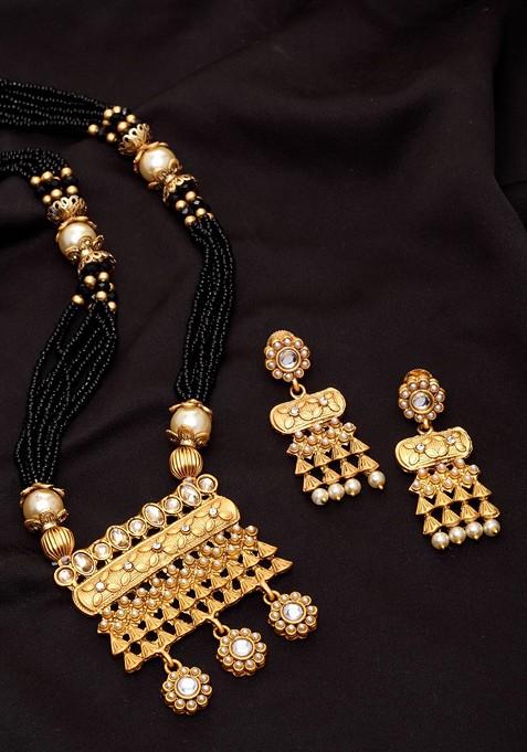 Gold Plated Black Beads Stone Studded Handcrafted Mangalsutra With Earrings