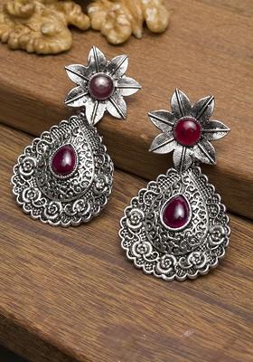 Silver Plated And Maroon Teardrop Shaped Drop Earrings