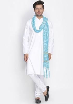 Men White And Blue Cotton Blend Solid Regular Kurta Set With Dupatta