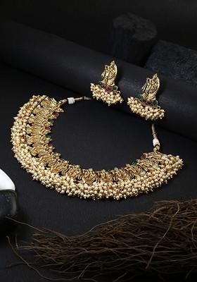 Gold Plated Pink And Green Stone Studded And Pearl Bead Antique Temple Jewellery Set