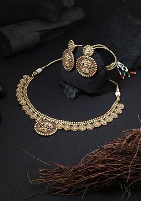 24 CT Gold Plated Green And Red Bead Handcrafted Temple Jewellery Set