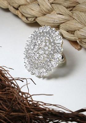 Rhodium Plated Silver Toned Ad Studded Adjustable Finger Ring