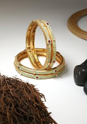 Set Of 4 24 CT Gold Plated Red And Green Stone Studded And Bead Handcrafted Enamelled Bangles