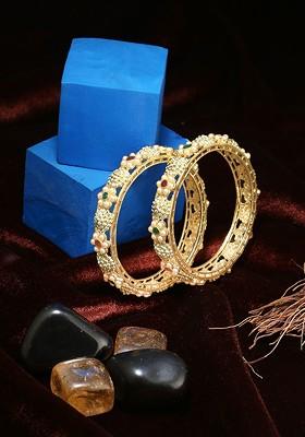 Women Set Of 2 24 CT Gold Plated Pink And Green Handcrafted Bangles