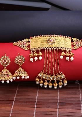 Gold Plated Red And White Kundan Studded Handcrafted Jewellery Set