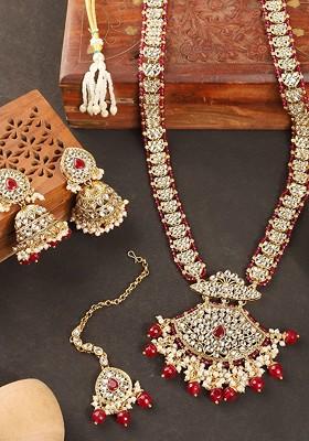 Gold Plated Red And White Kundan Studded  Handcrafted Jewellery Set