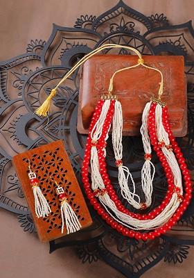 Gold Plated White And Red Pearl Studded Handcrafted Jewellery Set
