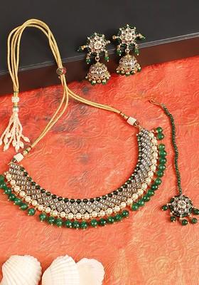 Gold Plated Green And White Stone Studded Handcrafted Jewellery Set