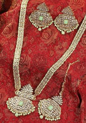 Gold Plated Sea Green And White Stone Studded Handcrafted Jewellery Set