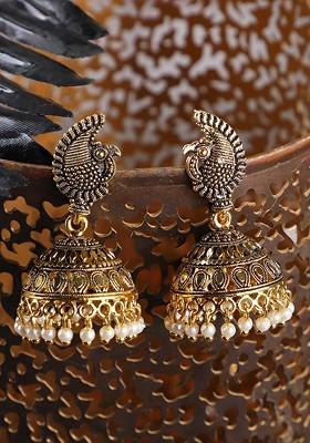 Gold Toned Contemporary Pearl Studded Antique Jhumkas Earrings