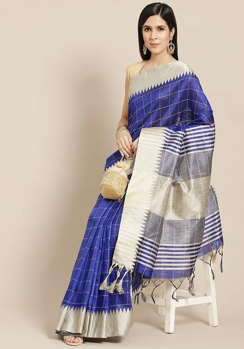 Blue And Cream-Coloured Checked Saree