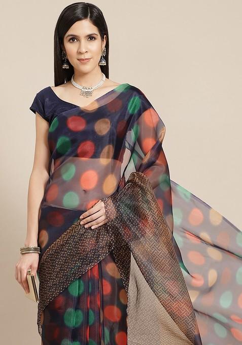 Navy Blue And Red Polka Dots Print Organza Saree