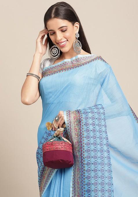 Blue And Purple Solid Linen Blend Saree