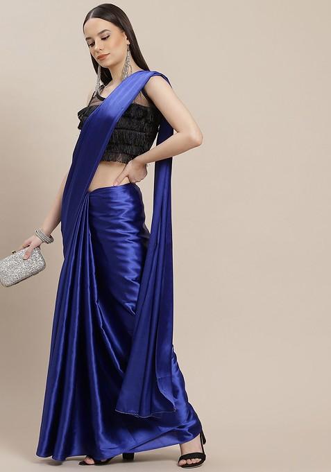 Blue Solid Satin Saree