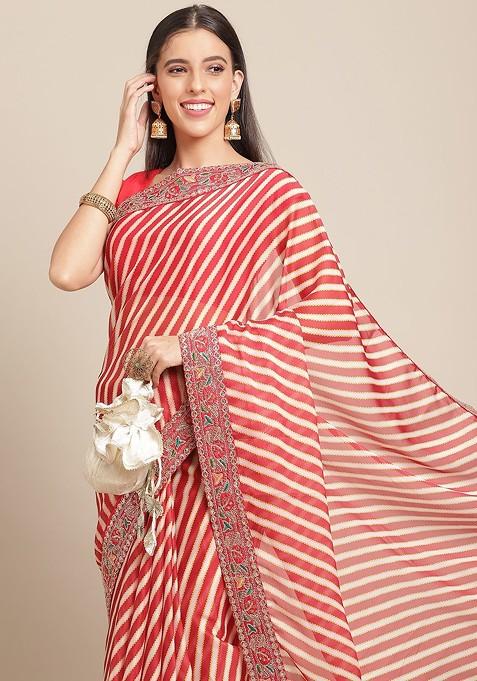 Red And White Leheriya Print Saree