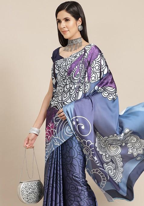 Blue And Purple Ethnic Motifs Print Satin Saree