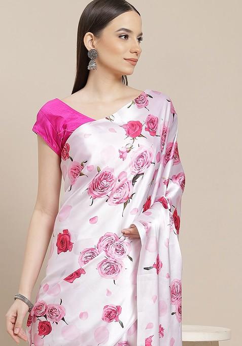 White And Pink Floral Printed Satin Saree