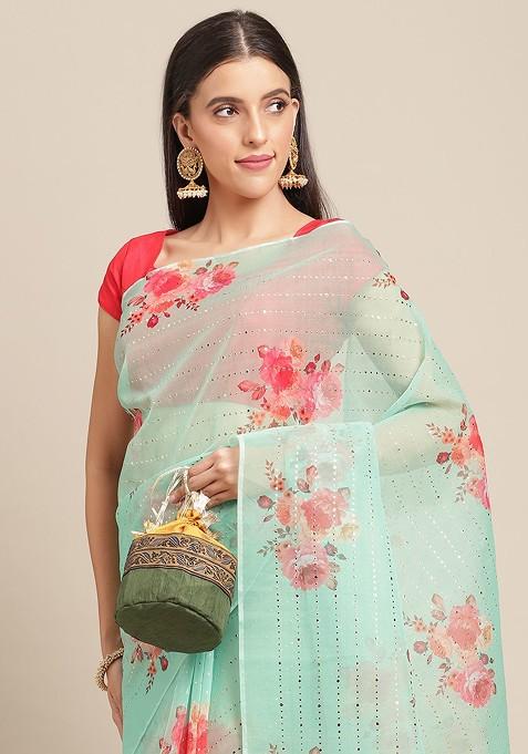 Sea Green And Pink Floral Print Organza Saree