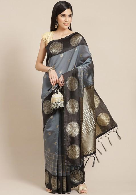 Grey And Golden Paisley Woven Design Banarasi Saree