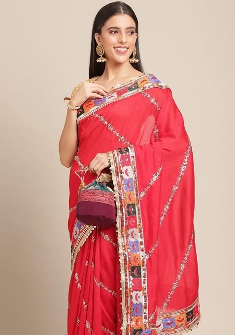 Red And Silver Striped Beads and Stones Silk Blend Saree