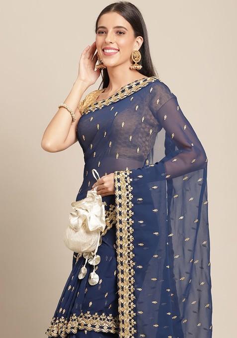 Navy Blue Ethnic Motifs Embroidered Layered Saree