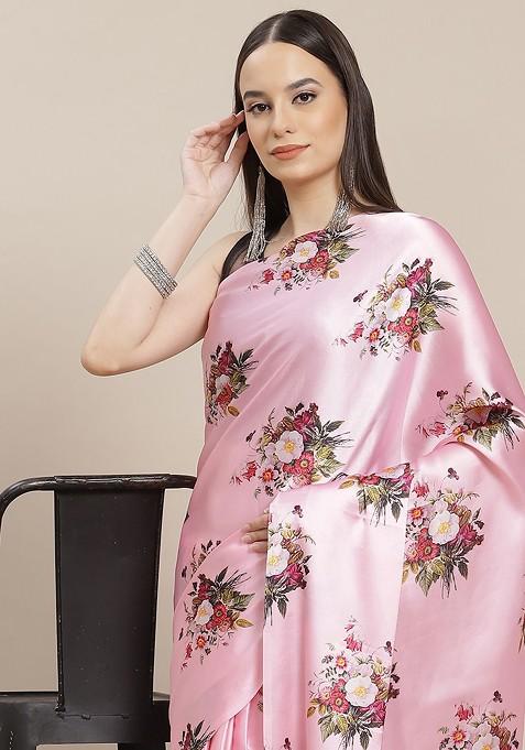 Pink And Green Floral Printed Satin Saree