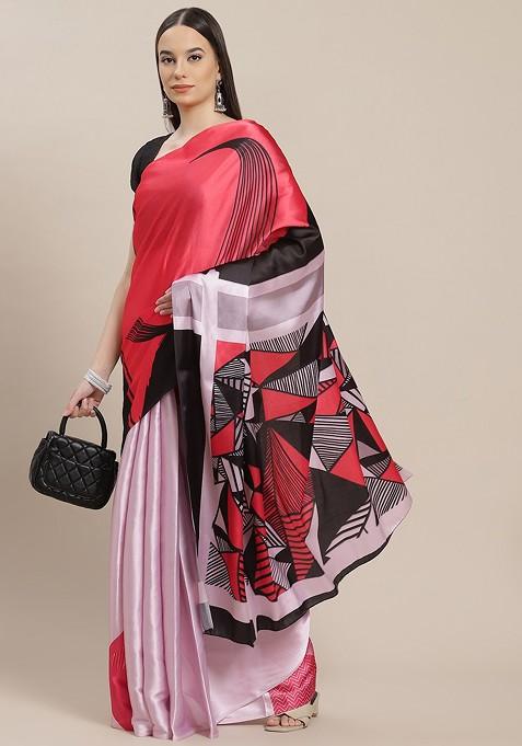 Pink And Black Printed Satin Saree