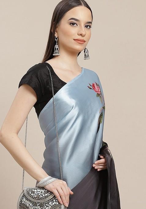 Grey And Black Floral Printed Satin Saree