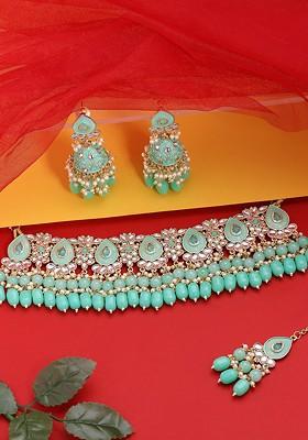 Gold Plated Green And White Kundan Studded And Beaded Handcrafted Jewellery Set