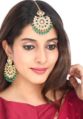 Gold Plated Green And White Kundan Studded And Pearl Beaded Handcrafted Jewellery Set