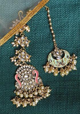 Set Of 2 Gold Plated Kundan Studded And Beaded Meenakari Maang Tikka