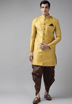 Men Mustard Yellow And Brown Self Design Slim Fit Sherwani Set