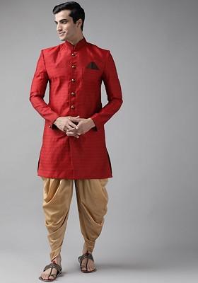 Men Red And Golden Self Design Slim Fit Sherwani Set