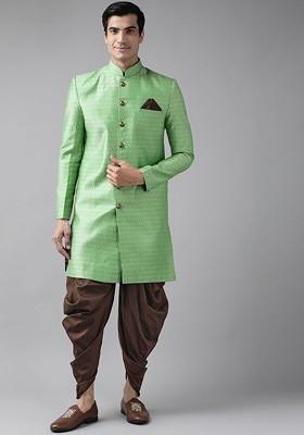 Men Green And Brown Self Design Slim Fit Sherwani Set