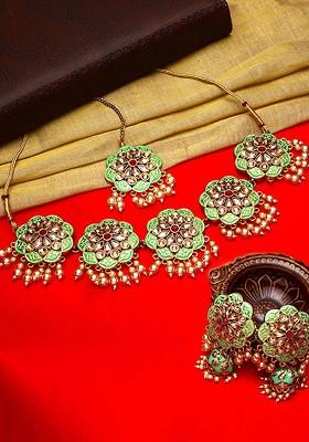 Gold Plated Green And Cream Coloured Kundan Studded Meenakari Handcrafted Jewellery Set