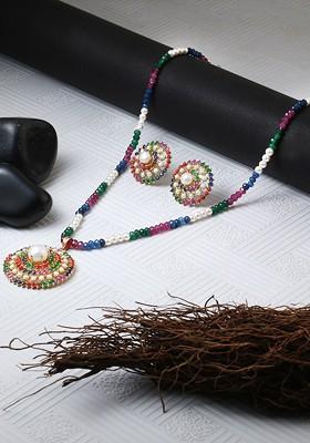 Gold Plated White And Blue Stone Studded And Bead Handcrafted Jewellery Set