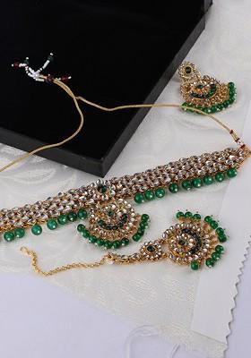 Gold Plated White And Green Stone Studded And Beaded Handcrafted Jewellery Set