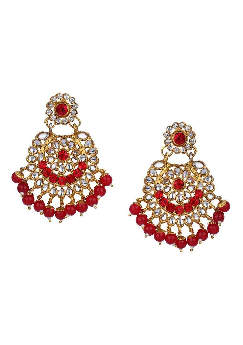Gold Plated White And Red Stone Studded And Beaded Handcrafted Jewellery Set