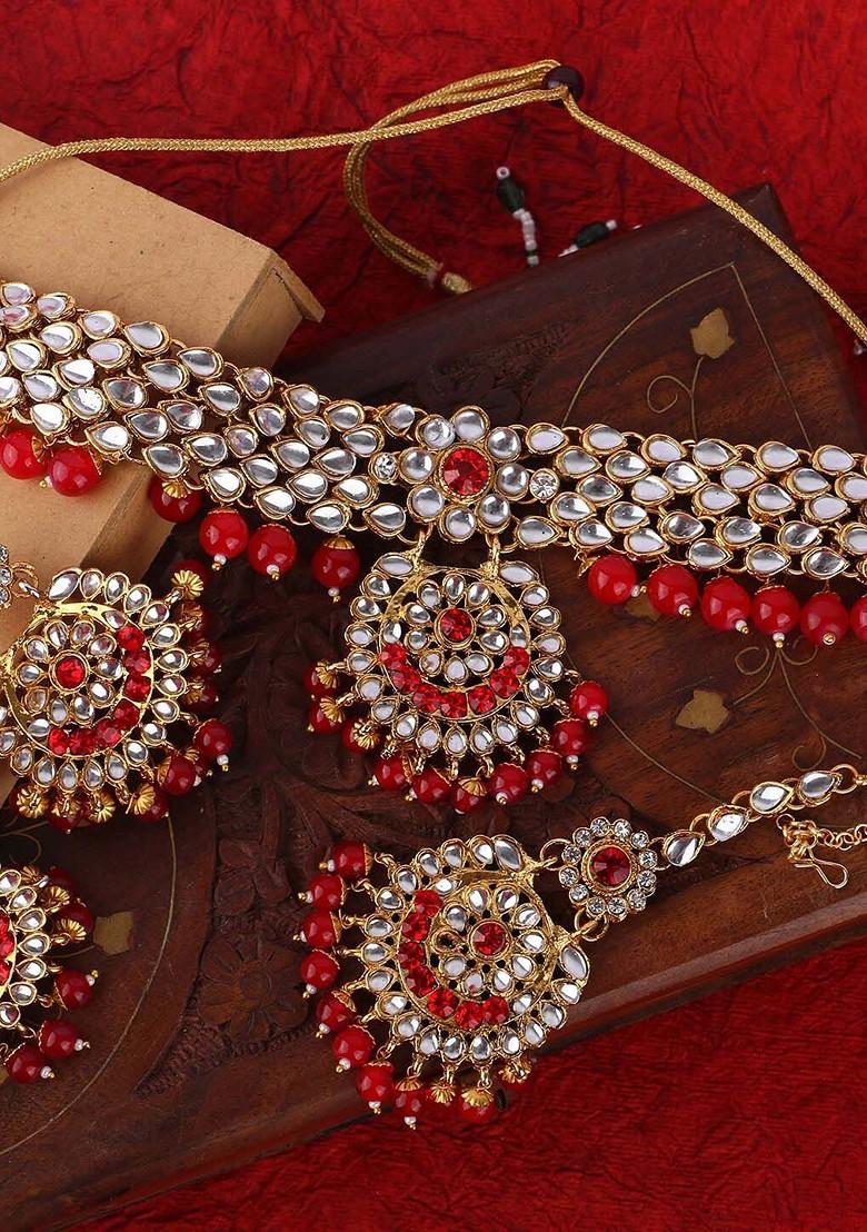 Gold Plated White And Red Stone Studded And Beaded Handcrafted Jewellery Set