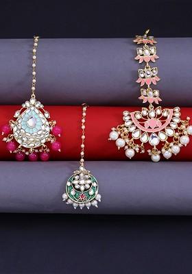 Set Of 3 Gold Plated Kundan And Beaded Antique Meenakari Maang Tikka