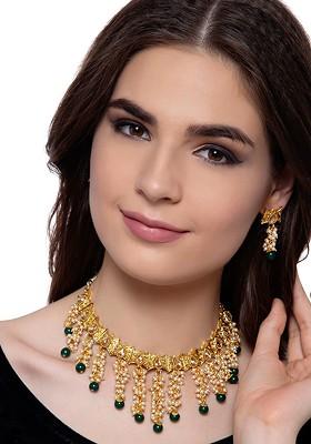 Gold Plated Green And White Stone Studded And Beaded Tasselled Jewellery Set