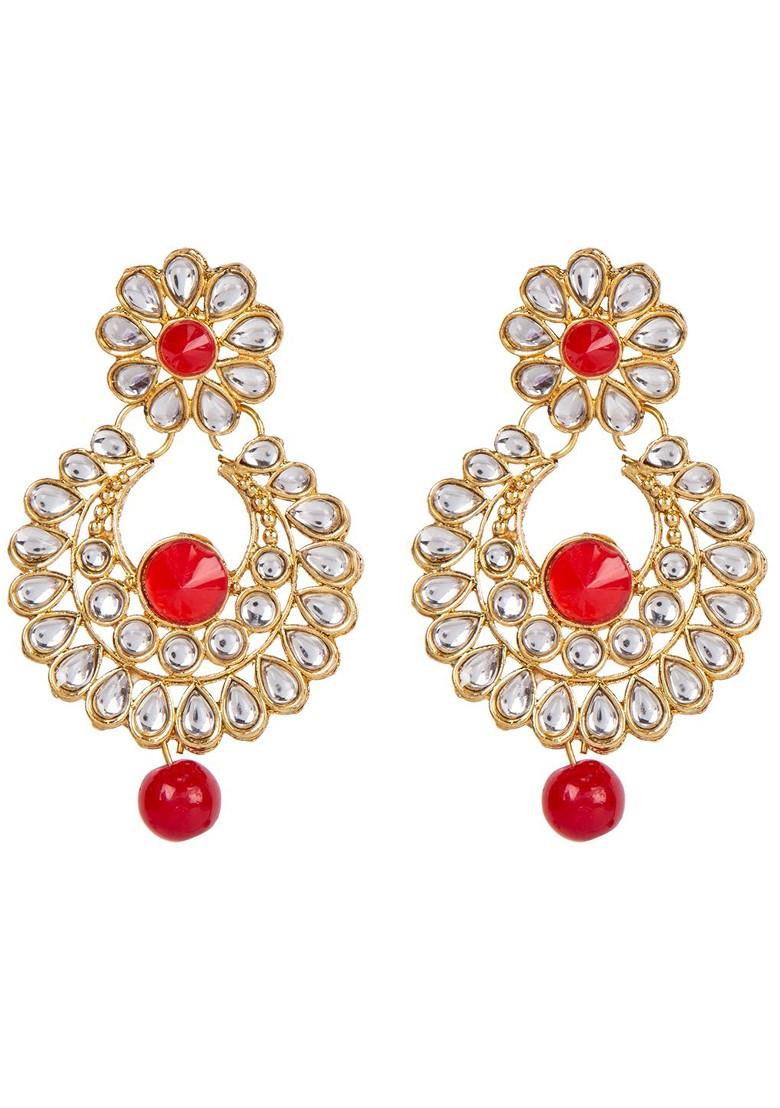Gold Plated White And Red Stone StuddedAnd Beaded Handcrafted Jewellery Set