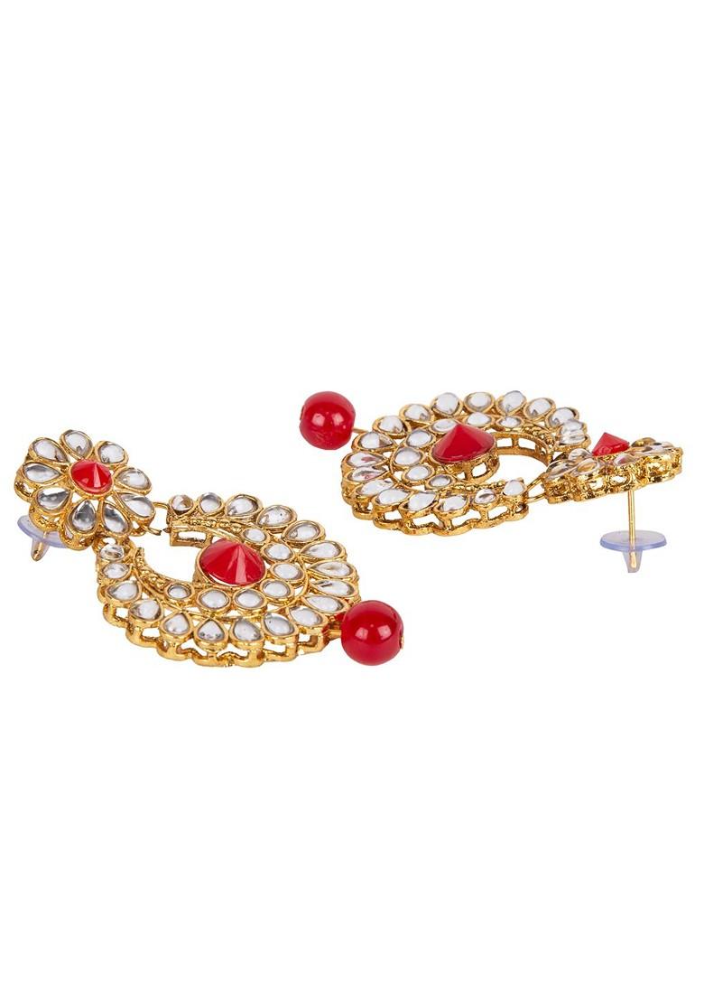 Gold Plated White And Red Stone StuddedAnd Beaded Handcrafted Jewellery Set
