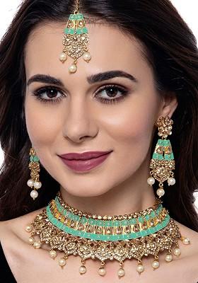 Gold Plated Green And White Stone Studded And Beaded Enamelled Jewellery Set