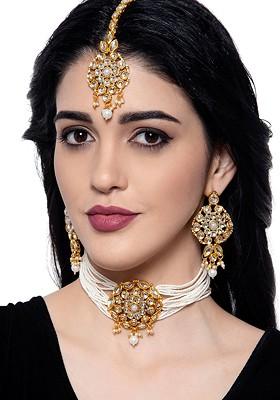 Gold Plated White Pearl Beaded Jewellery Set