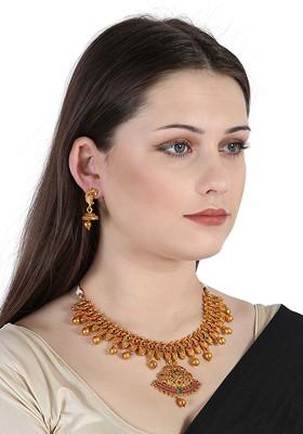 Gold Plated Pink And Green Stone Studded And Beaded Traditional Jewellery Set
